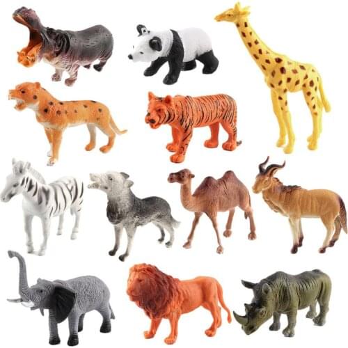 12pcs Simulation WildAnimal Model Toy Mini Animal Lion Tiger Giraffe Camel Hippo Panda Child Figures Dolls Toys For Children