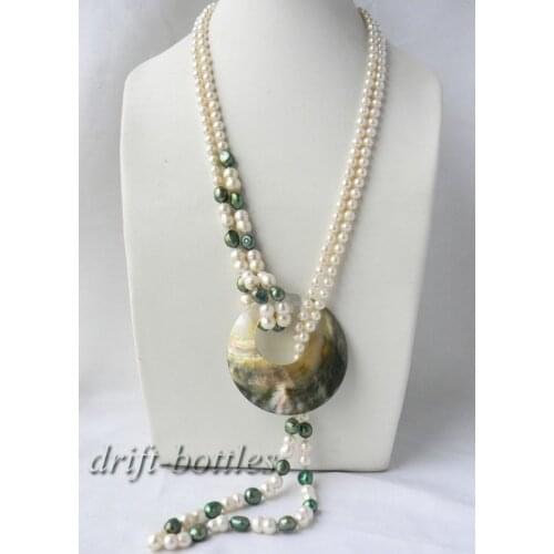 2Strands 30'' White Round Green Baroque Freshwater Pearl Shell Pendant Nacklace