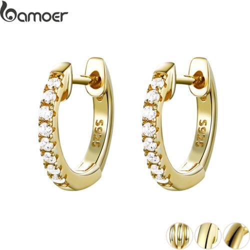 BAMOER Genuine 925 Sterling Silver Round Circle Hoop Earrings for Women Gold Color Earrings Sterling Silver Jewelry Gift SCE498