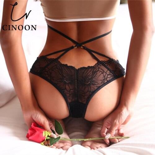 CINOON Women Sexy Lace Panties Bandage Hollow Out Underwear Low-waist Cross Strap Briefs Female Seamless Transparent Lingerie