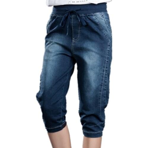 Summer Capris Jeans Stretch Plus Size Breeches Female Harem Denim Pants Elastic Wasit Loose 5XL Knee Length Mom Jeans Women