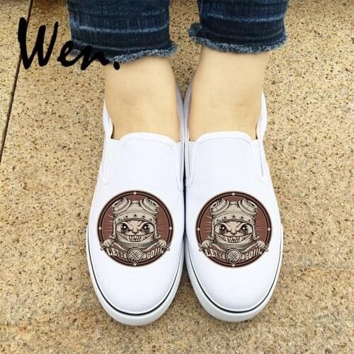 Wen Original Canvas Shoes White Black Design Retro Cat Motorcyclist Slip On Women Mens Sneakers Low Flat Skateboard Plimsolls