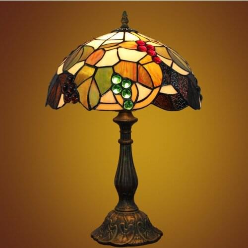 European style Tiffany stained glass tawny grape bedroom Bedside Table Lamp Retro Black Green hotel room lighting