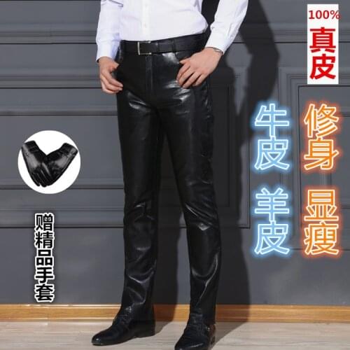 2022 Mens Genuine Leather Pants Slim Fit Biker Sheepskin Leather Pants