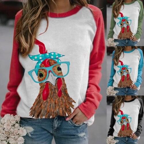 New Womens Long Sleeve Chicken with Bandana Printed Color Block Blouse Tops Shirt Fashion Autumn Spring Comfortable Girl Tops F