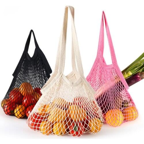 Portable Reusable Grocery Bags For Fruit Vegetable Bag Cotton Mesh String Organizer Handbag Long Handle Net Shopping Bags Tote