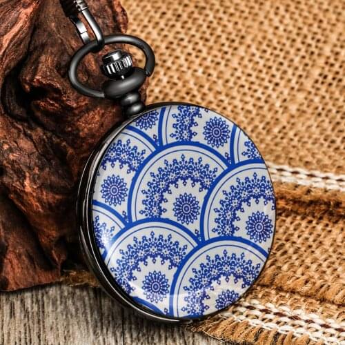 Exquisite Blue And White Porcelain Pocket Watch High Quality Alloy Cover Numeral Dial Portable Pendant Chain Fashion Accessories