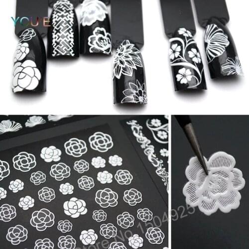 Luxury Nail Art Sticker Lace Flower White Design Manicure Tape Self-Adhesive Nail Foils Decals 3D DIY Tips Decoration Back Glue