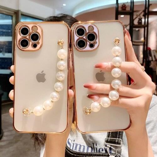 Luxury Electroplating Frame Phone Case For iPhone 12 Pro Mini 11 Pro Max XS XR X 7 8 Plus Transparent Cover With Pearl bracelet