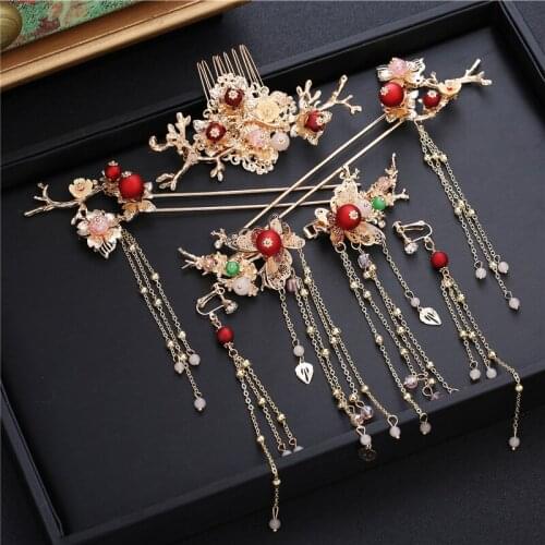 2019 New Chinese style coronet hair sticks Bride Wedding Headdress Golden Step Shake luxury vintage bridal hair Accessories