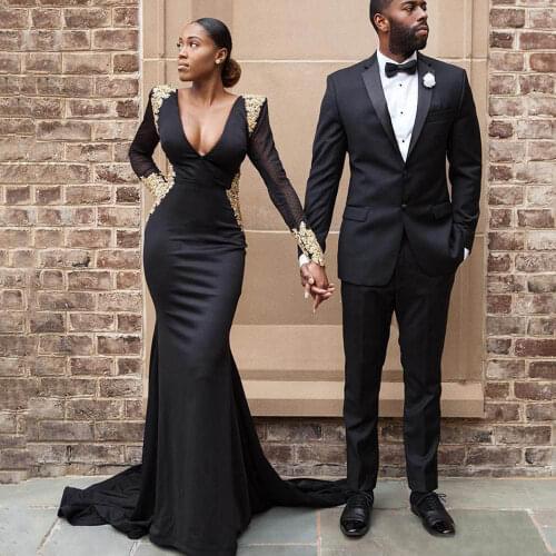 Long Sleeves Backless Evening Party Gowns Dubai Vestido De Festa Arabic Sexy Black robes de soirée ​V Neck Mermaid Prom Dresses