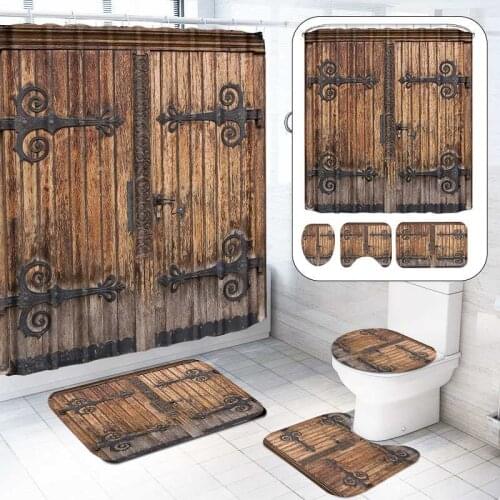 4PCS Retro Wood Door Printed Shower Curtain with Hooks Quick Dry Waterproof Toilet Cover Bath Mat Set Bathroom Rugs Carpet Decor