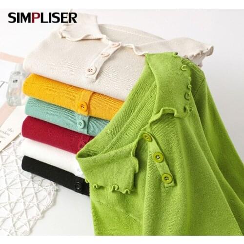 Button Up Women Chic Sweaters Womans Knitting Tops 2020 New Turn-down Collar Pullovers Blue Green Femm Pull Knit Sweater Tops