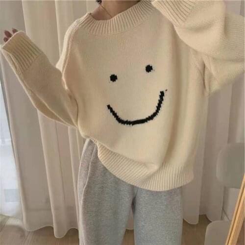 Smile Knitted Sweater Women Korean O-Neck Long Sleeve Autumn Jumpers Loose Casual Vintage Knitwear Pullovers Harajuku Z809