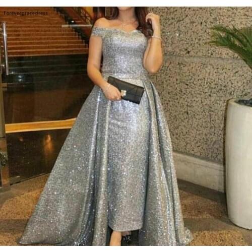 Elegant Silver Sequined Evening Dresses 2019 Off Shoulder Formal Women Holiday Wear Celebrity Party Gowns Plus Size Custom Made