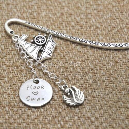 12pcs Once Upon A time Inspired bookmark Swan and Captain Hook Once necklace Silver tone bookmark