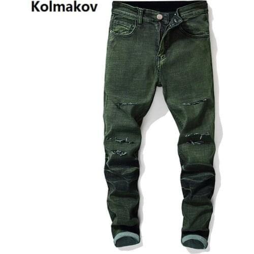 2019 spring ripped jeans men Fashion Designer Denim Skinny Jeans mens broken holes mens Trousers Yellow and Green 28-42