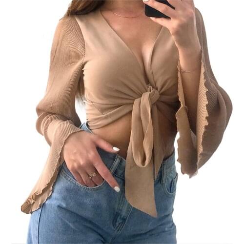 Elegant Women Solid Color T-Shirt Sexy Long Flared Sleeves V-Neck Blouse Front Knotted Crop Tops For Spring And Autumn 2021