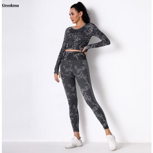Camouflage Long Sleeve Crop Top+High Waist Leggings Women Yoga T Shirt Seamless Suits Fitness Gym 2 Piece Set Workout Sportswear
