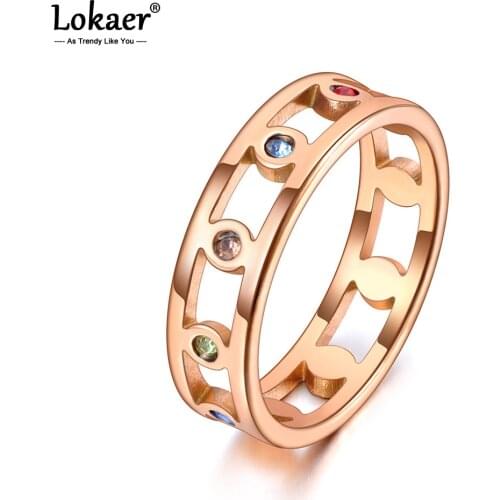 Lokaer Trendy Titanium Stainless Steel Colorful Rhinestone Ring Rose Gold Original Design Wedding Ring Jewelry For Women R20050