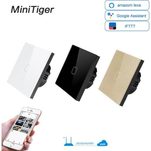 Minitiger Smart Home 2 Gang 1 way Wireless WiFi EU Standard Touch Switch Wall Light Switch,White Luxury Crystal Glass