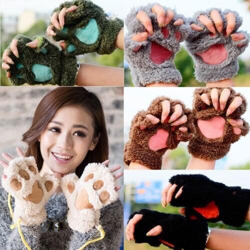 Fashion Womens Cute Cat Claw Paw Plush Mittens Short Fingerless Gloves Lady Girls Winter Warm Fur Half Finger Gloves