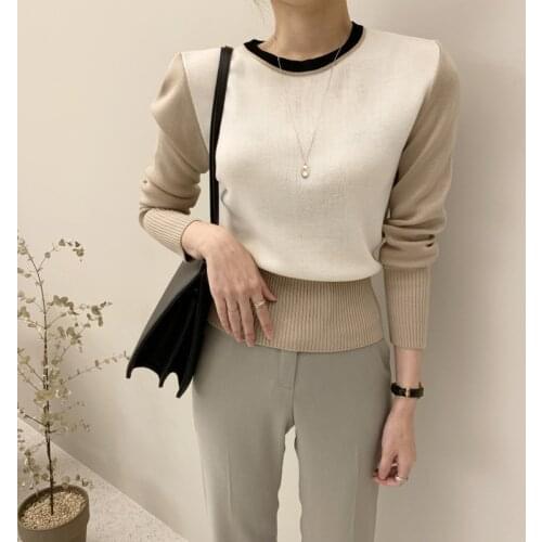 Alien Kitty 2021 New Autumn Ladies Sweater Contrast Color O Neck Long-Sleeved Solid Color Casual Short All-Match Thin Knit Top