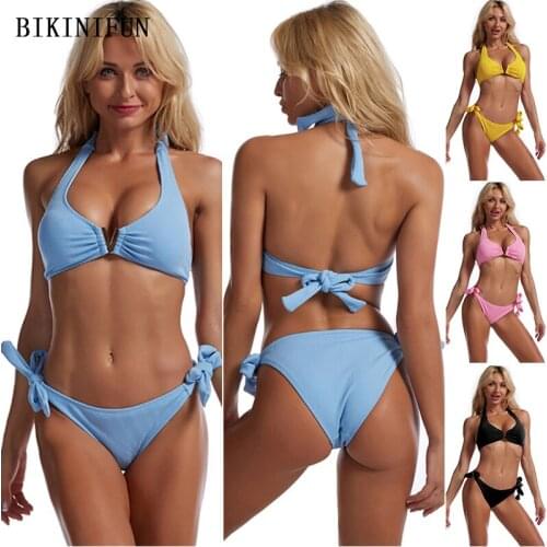 2021 New Sexy V Splice Swimsuit Solid Color Swimwear Backless Halter Beachwear S-XL Girl Bow Knot Bathing Suit Micro Bikini Set