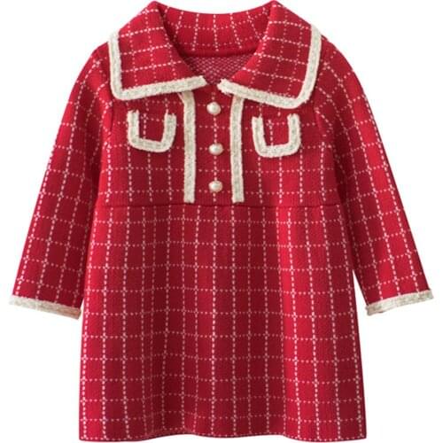 Casual Child Baby Girls Sweater Dresses, Lapel Collar Long Sleeve Plaid One Piece Sweater Dress for Autumn Winter