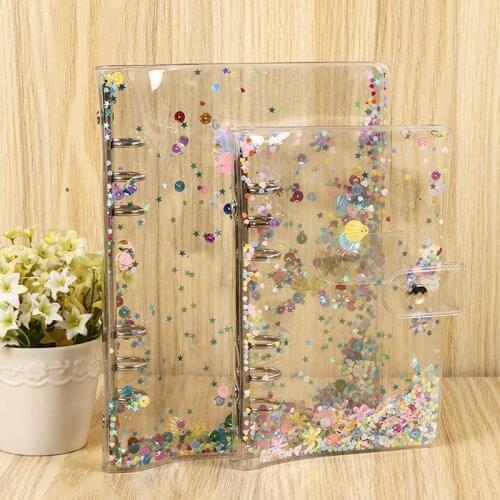 A5/A6 PVC Sequins Glitter Transparent Notebook Binder Journal Cover 6 Rings File Folder Planners Clip Stationery School Office