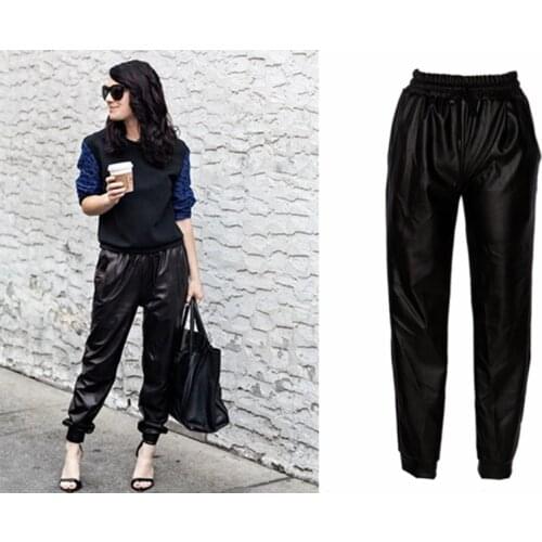 Fashion Black Faux Leather Joggers Women Loose Jogger Pants Hip Hop Street Wear Harem Pants Women