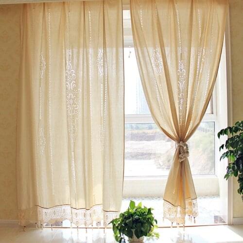 Pastoral Natural Cotton Linen Curtains with Tassels Crochet Hollow Out Lace Edge Cortinas for Living Room Blinds Shower Curtains