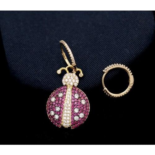 SWOUR New Fashion Jewelry Zirconia Red Rhinestone Ladybug Design Mismatched Small Circle Round Huggie Earrings Femme S606