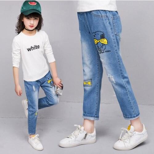 2020 Spring New Fashion Girls Cartoon figure Middle Waist Soild Color Cartoon Jeans Baby Trousers Cotton Denim Long Pants3-12Y