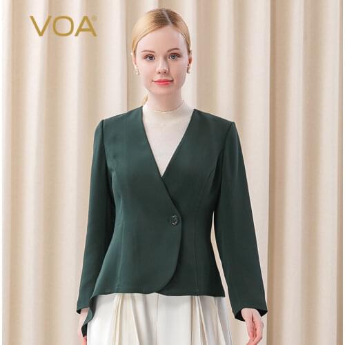 VOA Silk 41m/m Tea Green V Collar Long Sleeve Asymmetrical Hem A Button Waist Wrap Coat WE76 Spring Jacket 2021