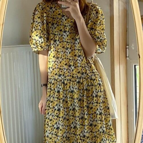 Retro French Holiday Yellow Floral Puff Sleeve V-Neck Platycodon Chiffon Loose Dress