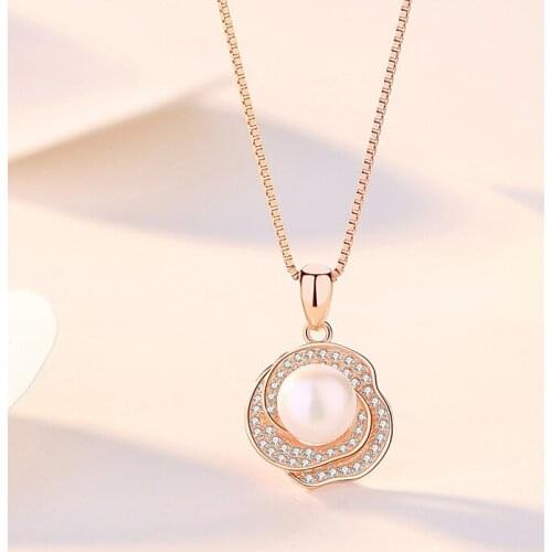 GCC159 S925 Sterling Silver Rose Flower Pendant Female Sen Pearl Necklace Simple and Versatile Clavicle Chain Mothers Day Gift