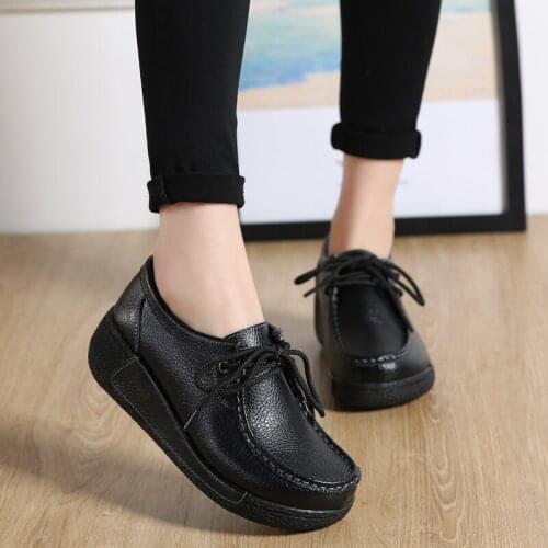 New Autumn Women Platform Sneakers Shoes Ladies Genuine Leather Lace Up Flats Women Thick Heel Platform Flats Shoes