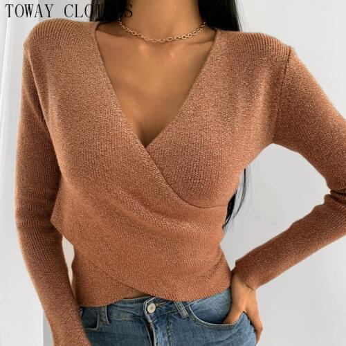 Women V-Neck Solid Wrap Long Sleeve Knit Crop Top Pre-Fall Sweater