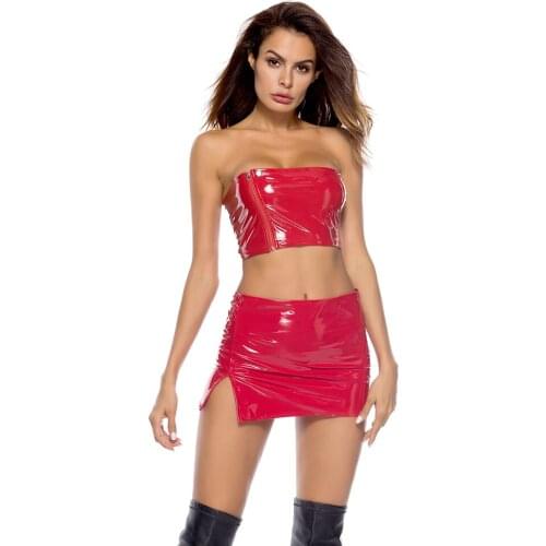 Women Two Pieces Wetlook PVC Dress Stretchy Faux Leather Zipper Strapless Crop Top with Bodycon Mini Dress Sexy Party Clubwear