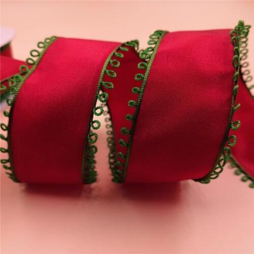38MM 25yards Red Wired Edge Ribbon Green Loop Edges for Festival Christmas Decoration New Year Gift Wrapping