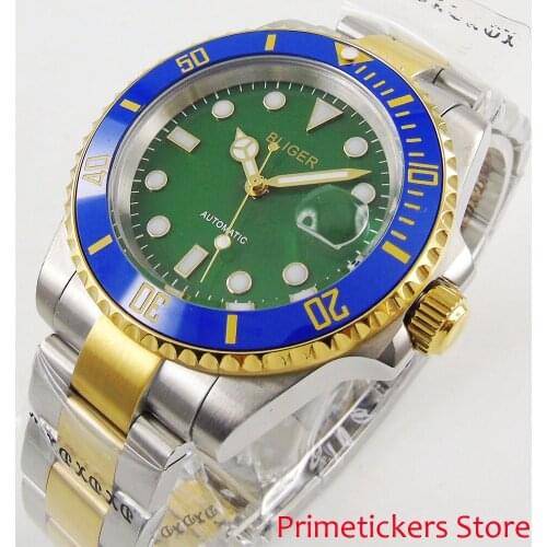 BLIGER 40mm green dial mens watch blue ceramic bezel sapphire crystal luminous automatic movement