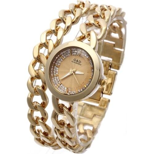 G&D Women Watch Double Chain Stainless Steel Band Analog Womens Luxury Fashion Quartz Wrist Watches Todays Deal