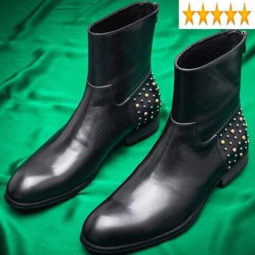 Formal Brand Toe Men Pointed Boots Luxury Business Back Zip Rivet 100% Real Leather Ankle Shoes Motocycle Bota Masculina 38-43