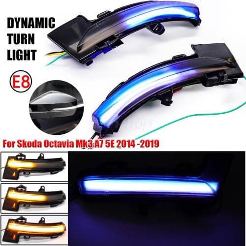 For Skoda Octavia Mk3 A7 5E 2014 -2019 Blue And Yellow Light Dynamic Turn Signal LED Rearview Mirror Indicator Blinker Light