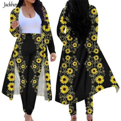 Jackherelook Sunflower Daisies Printing Black Long Sleeve Open Front Cardigan Bodycon Skinny Pants Set 2 Piece Clubwear Outfits