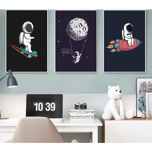 Cartoon Rocket Astronauts Moon Rocket Print Boy Kids Room Modern Canvas Painting Nursery Wall Poster Picture Kids Children Mural