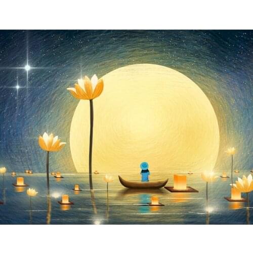 Gatyztory 60x75cm Frame DIY Painting By Numbers Handpainted Moon Lotus Oil Painting Canvas Colouring Wall Decor