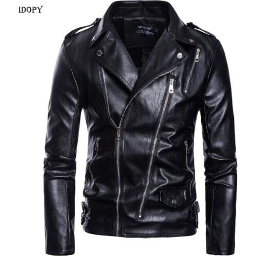Idopy Autumn Winter Mens Faux Leather Jackets Coats Multi Pockets Motorcycle Jacket and Coat For Male Plus Size M-5XL