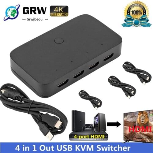 GRWIBEOU HDMI KVM Switch 4 in 1 Out 4K@30Hz with USB2.0 Hub for PC Monitor Projector Keyboard Mouse Drop Shipping